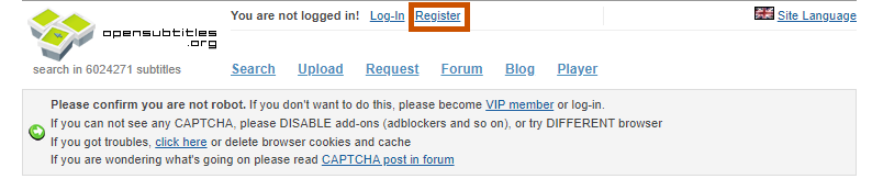 Register for OpenSubtitles