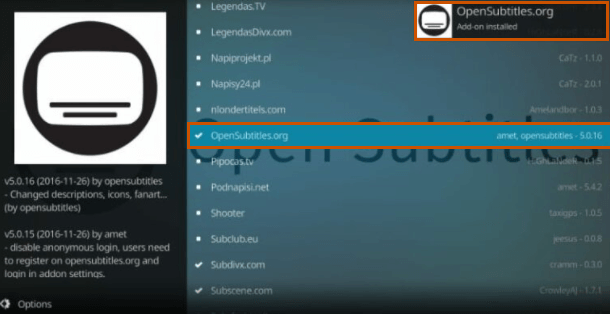 Subtitle addon installed