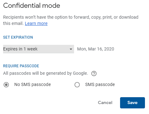 Configurações do modo confidencial do Gmail