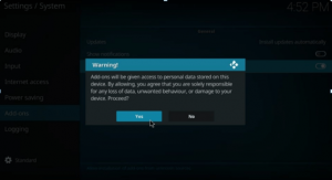 Pantalla de advertencia de Kodi