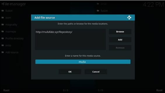 Поле источника мультимедиа Kodi