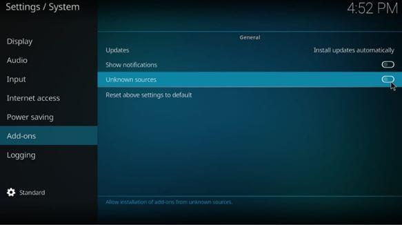 Kodi settings unknown sources