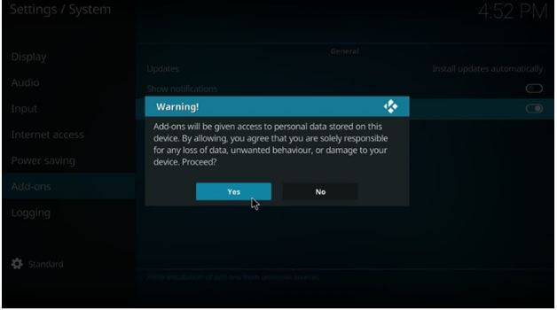 Kodi warning display