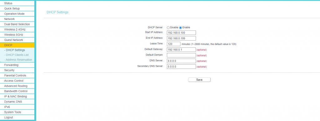 Aktivéiert DHCP Server