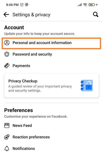 personal and account information