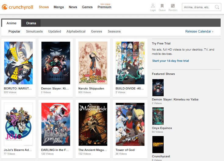 Page d'accueil de Crunchyroll