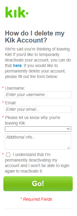 Delete Kik account page