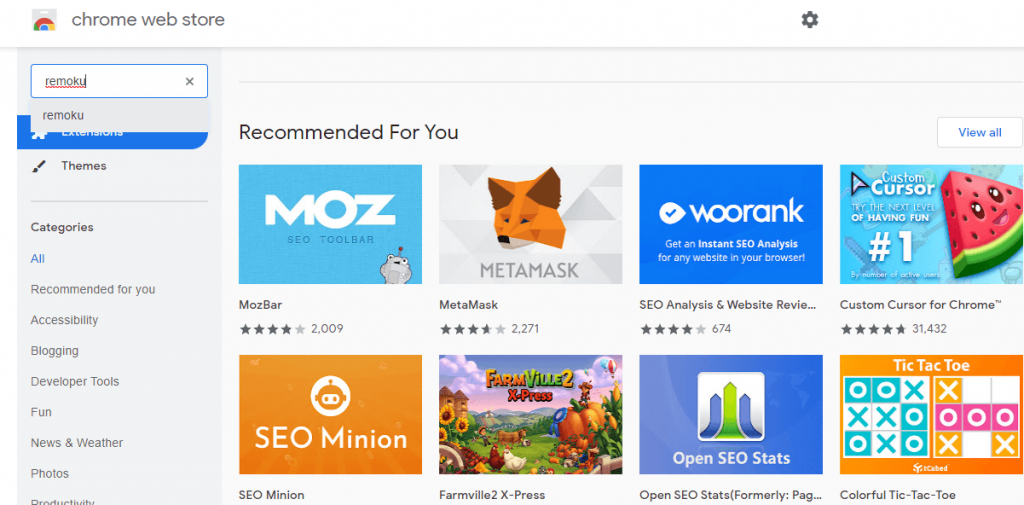 zoek naar de Remoku-extensie Chrome