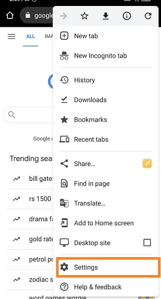 kliknij Ustawienia w Androidzie Chrome