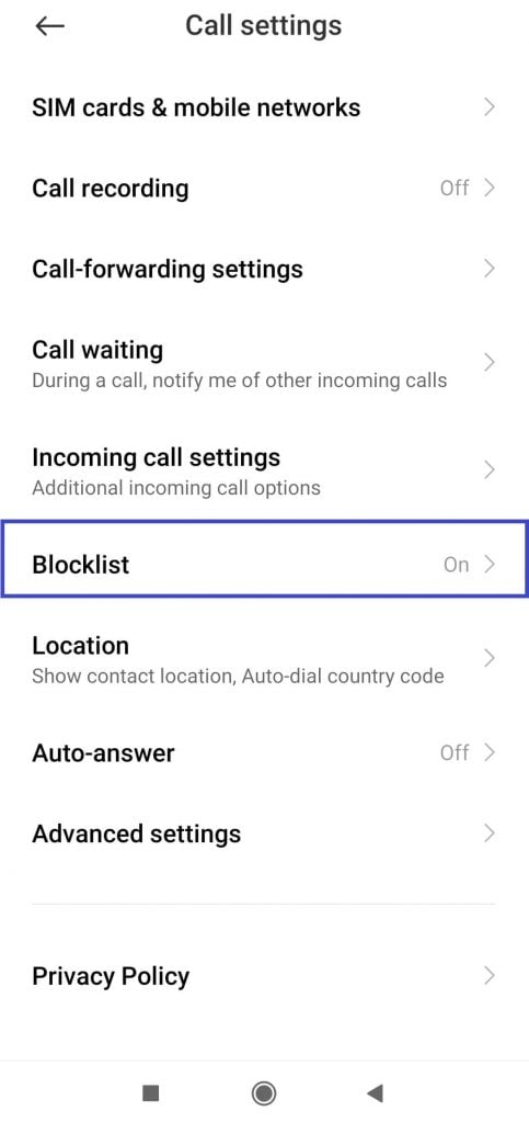 click on block list Android