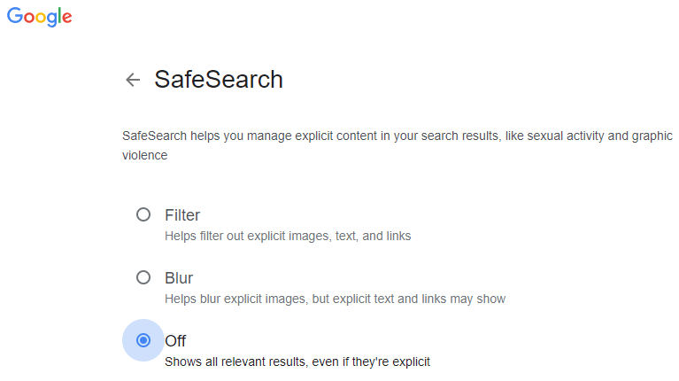 Turn off Safe Search Google Chrome