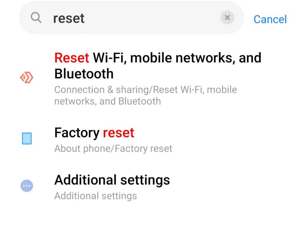Type reset and click on Factory reset