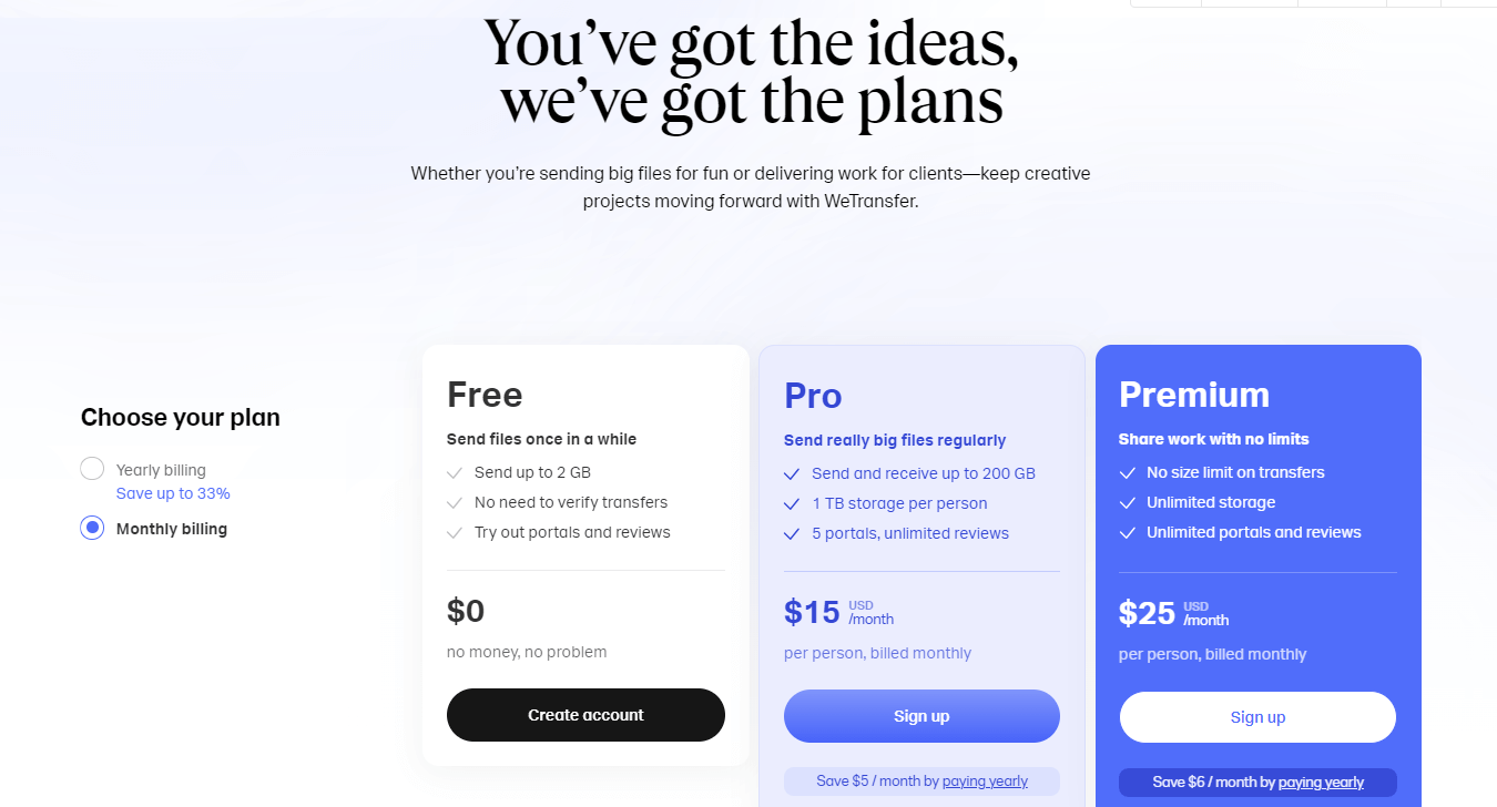WeTransfer's Monthly Billing Plans