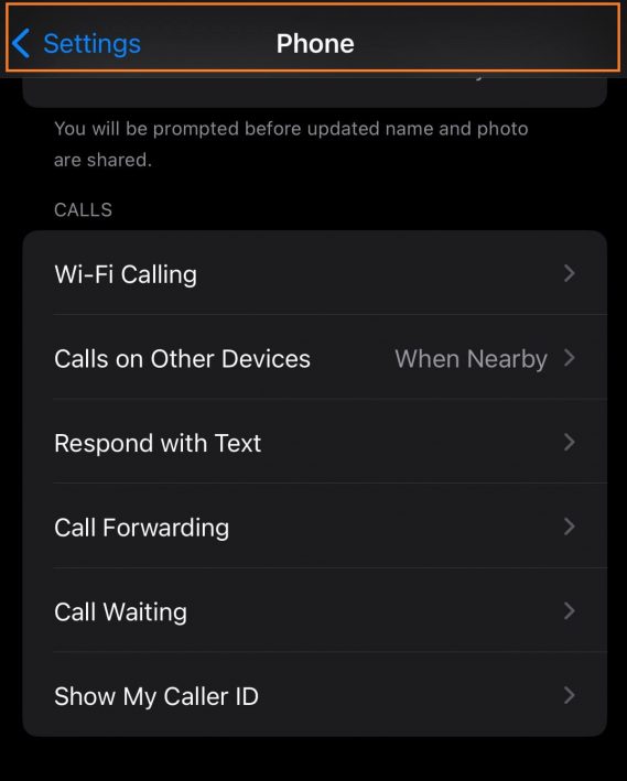 iPhone settings click on Phone