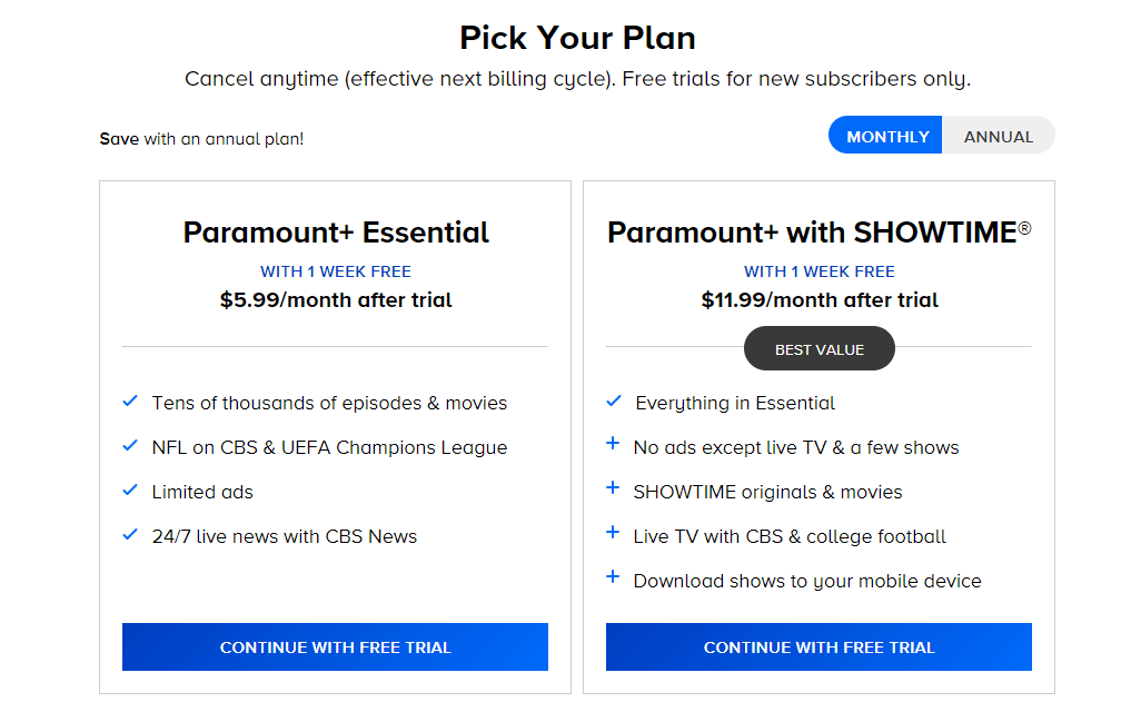 Planes de suscripción Paramount Plus