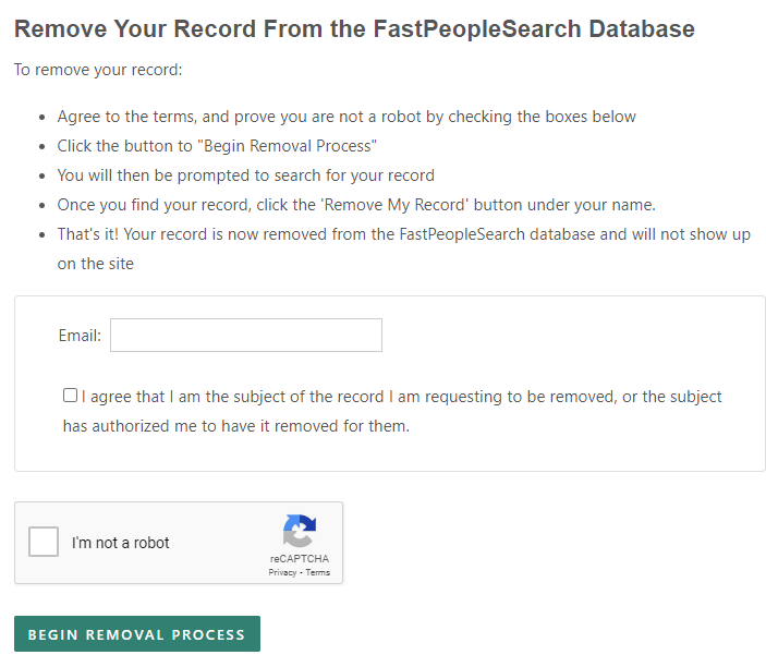 FastPeopleSearch Removal website