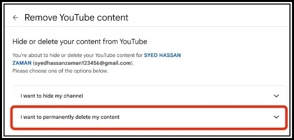 Screenshot of YouTube content removal page with options to hide or permanently delete a channel. Highlights include checkboxes for deleting playlists, subscriptions, comments, and canceling paid services.