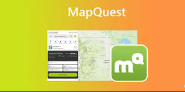 A smartphone showing the interface of MapQuest and logo.