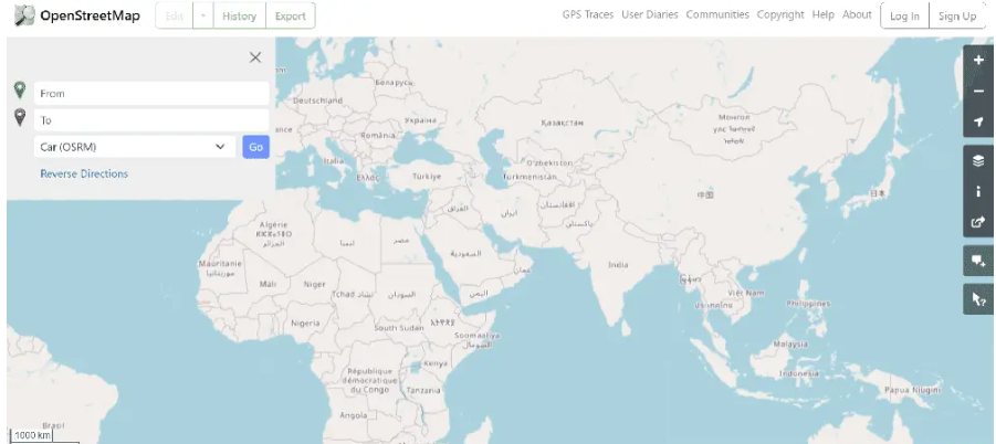 OpenStreetMap interface and selection for destination. Image of world map.