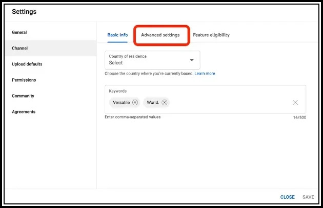 Screenshot of YouTube channel settings page showing the “Advanced settings” tab. Includes fields for selecting country of residence and adding comma-separated keywords for channel optimization.