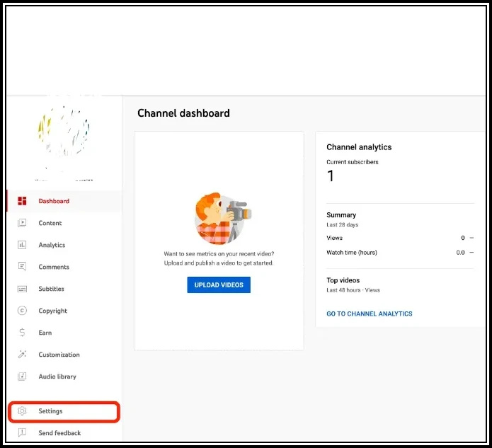 YouTube channel dashboard showing a single subscriber, no views, and no watch time. The interface highlights an option to upload videos and includes channel settings on the left-hand side