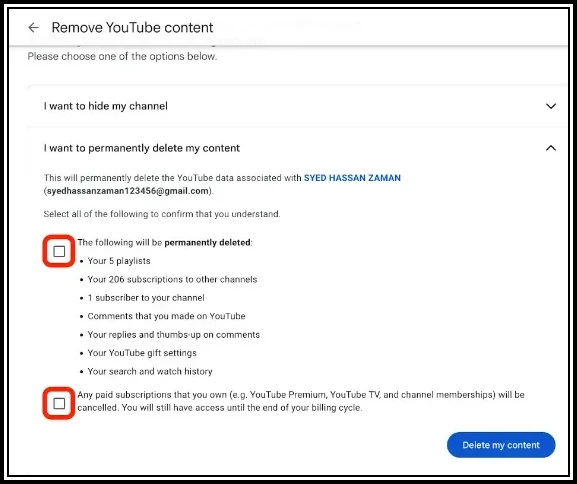 Screenshot of YouTube content removal page with options to hide or permanently delete a channel. Highlights include checkboxes for deleting playlists, subscriptions, comments, and canceling paid services.