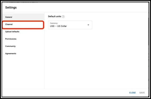 Screenshot of YouTube settings page with “Channel” section highlighted. Displays options for selecting default units and currency, with USD set as the current choice.