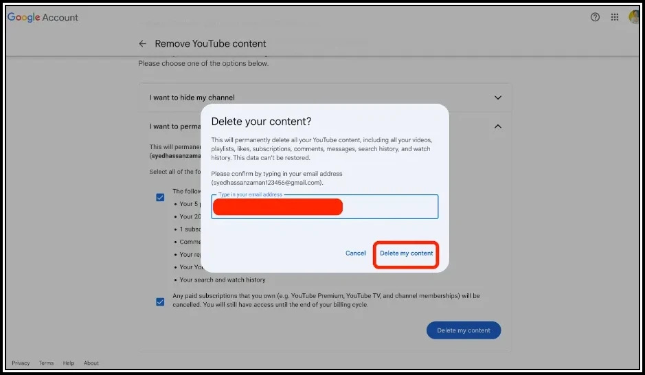 Screenshot of YouTube content deletion confirmation dialog. User is prompted to permanently delete all YouTube content, with the 'Delete my content' button highlighted.