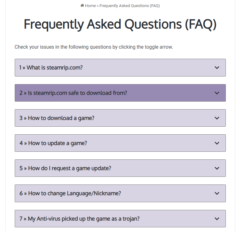 FAQs section on SteamRip