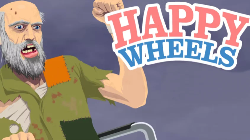 An old man sitting on a wheelchair and text is written happy wheels.