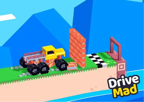 A truck is on a bridge which has the a brick wall before the bridge ending and text is written Drive Mad.