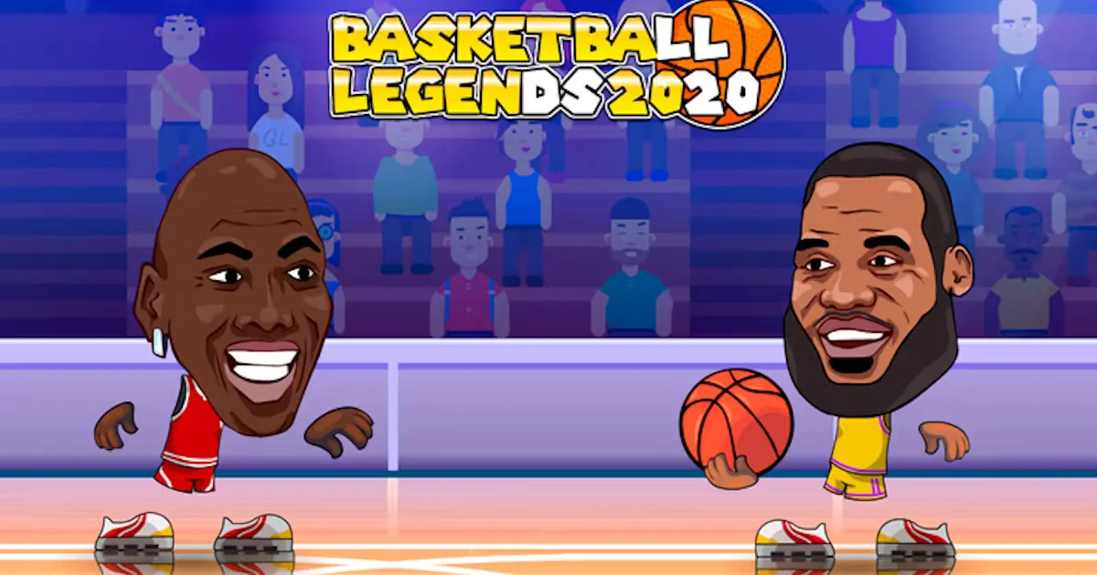 2 cartoon characters playing basketball and audience is cheering in the background and text is written Basketball Legends 2020.