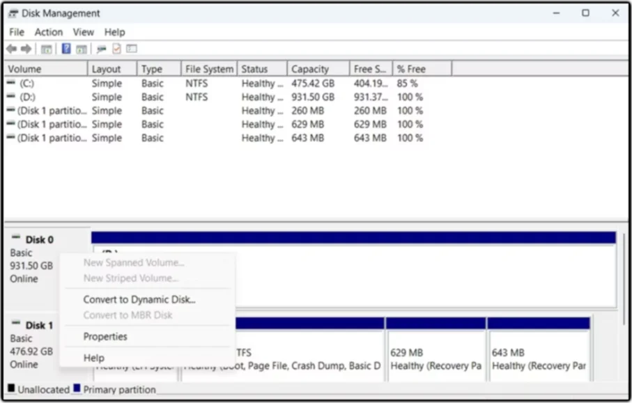 Screenshot of disk management