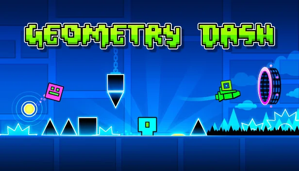 Multiple geometrical objects are in the image playing some game and text is written Geometry Dash.