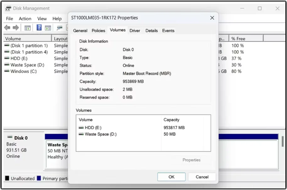 Screenshot of disk management