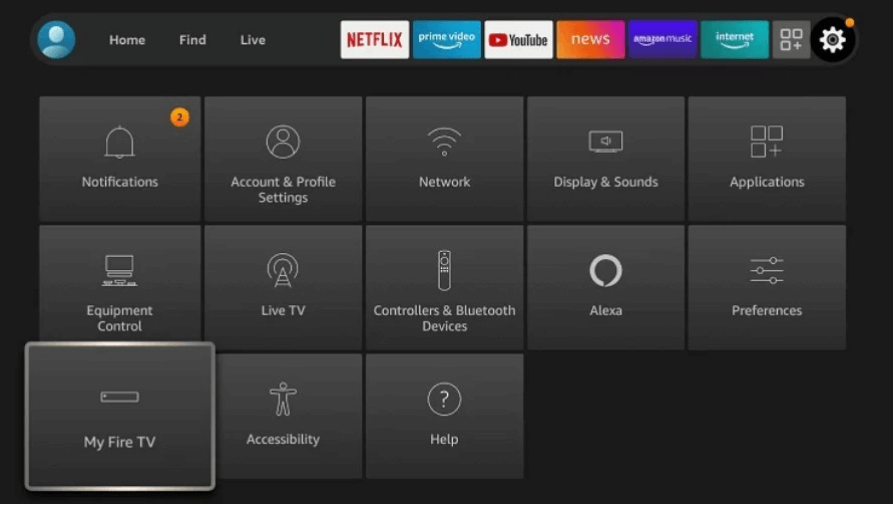 Firestick home screen and settings My Fire TV app is highlighted.