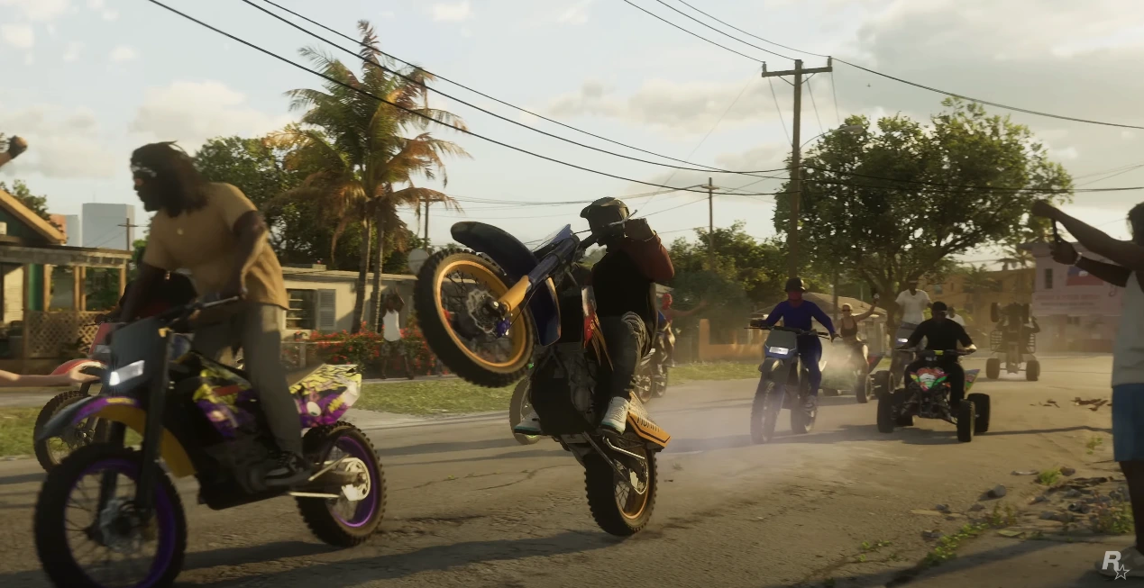 Screenshot of a GTA 6 Trailer in which many bikers are performing stunts in middle of a road.