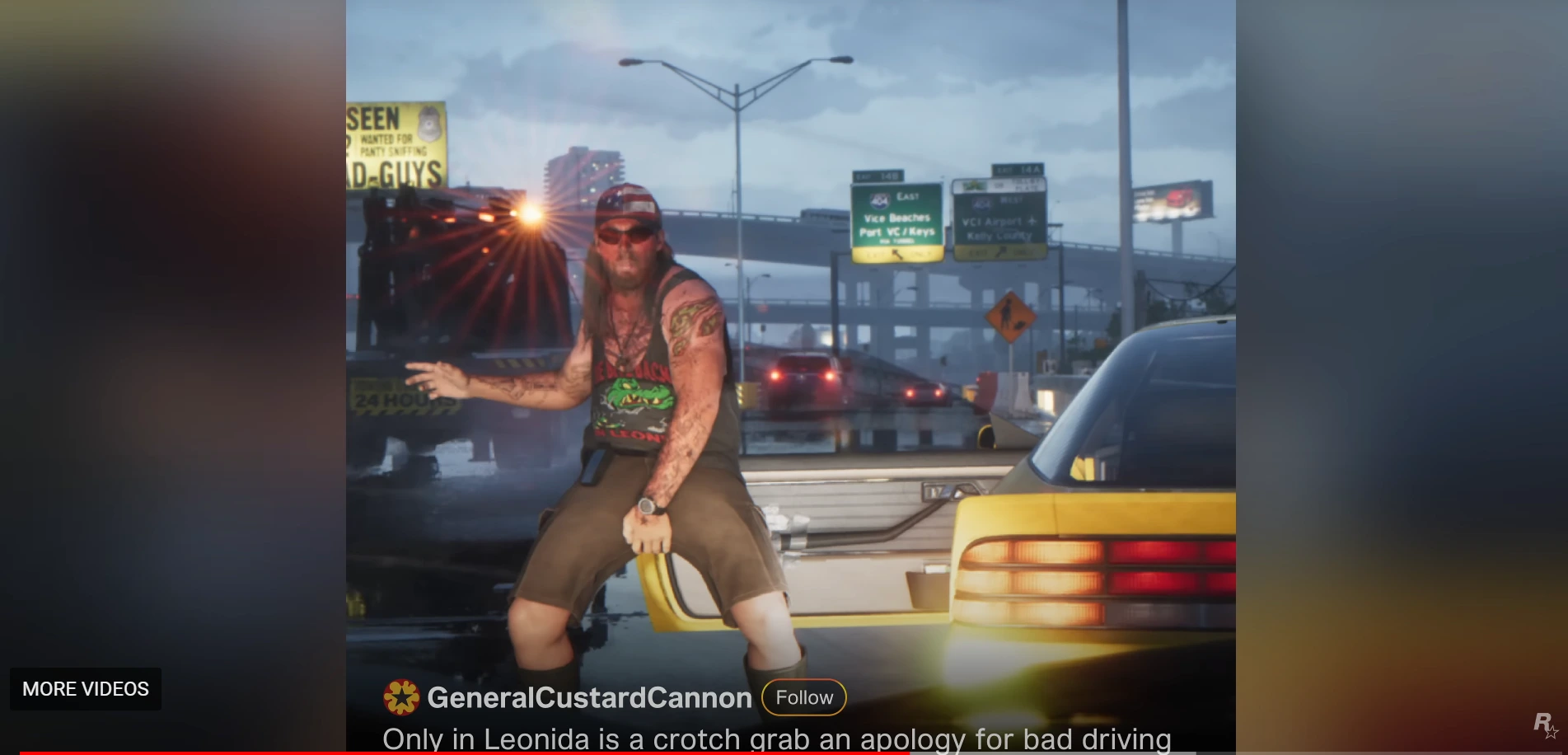 A screenshot of a youtube video of GTA 6 trailer in which a man grabbing his crotch in-between a road and his car's door is opened. With text written Only in Leonida is a crotch grab an apology for bad driving.