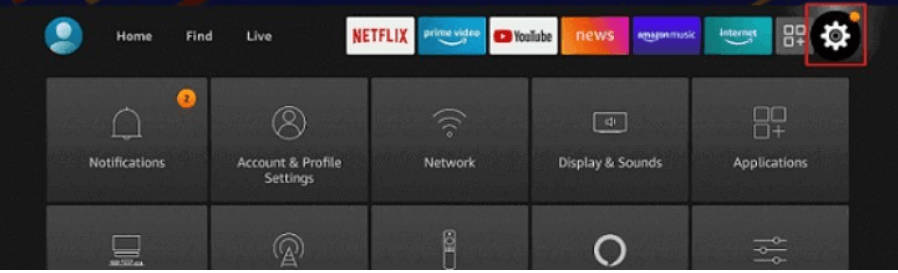 Firestick home screen and settings icon is highlighted.