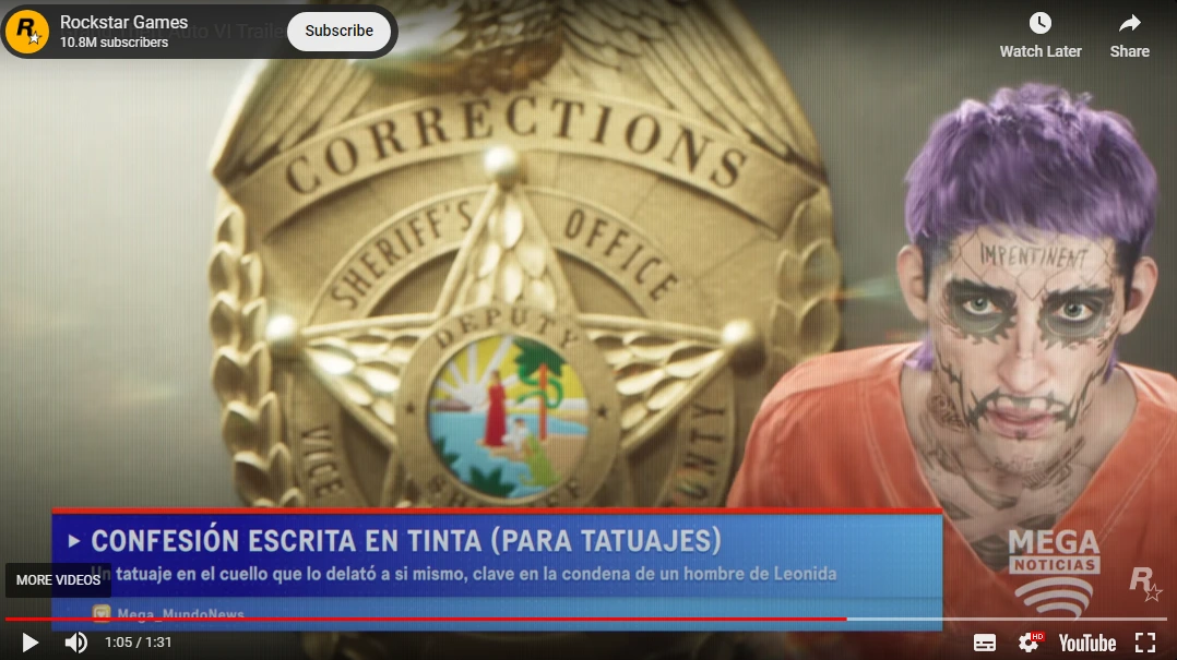 A screenshot of a youtube video in which one of the character of GTA 6 with tatoos all over his face is sitting in sheriff's office seems accused.