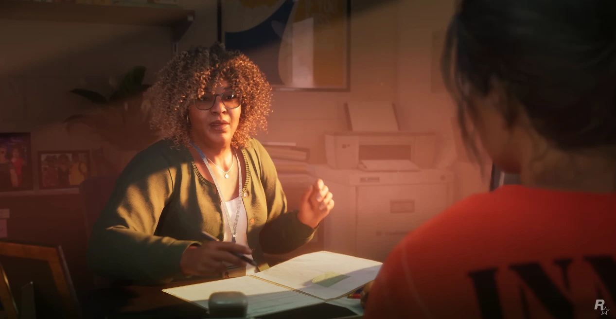 Screenshot of GTA 6 trailer in which NPC Stefanie is wrting something from her right hand.