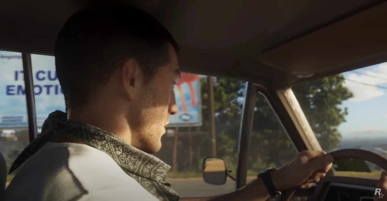 Screenshot of GTA 6 trailer in whcih GTA 6 male lead and protaganist Jason is driving a car.