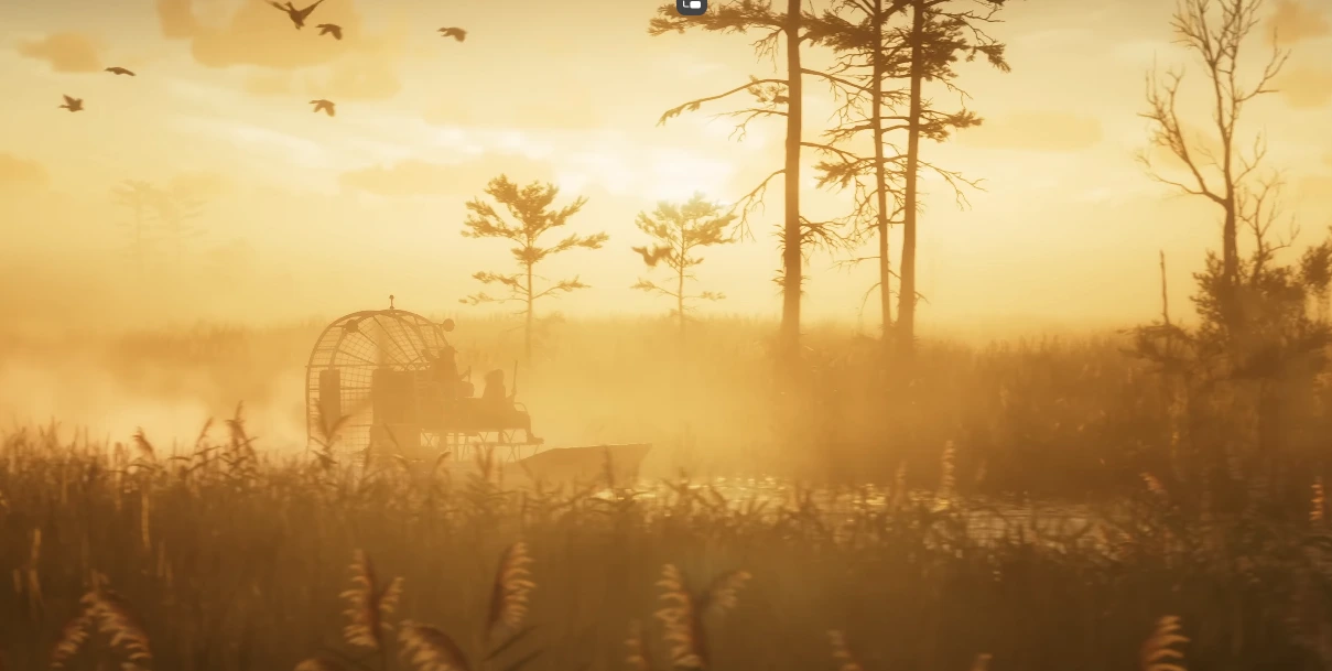 Screenshot of a GTA 6 trailer in which there is a Swamp Vehicle in a field.