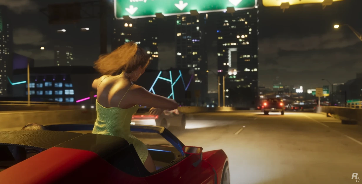 Screenshot of GTA 6 trailer in which a girl is enjoying in a convertable car.