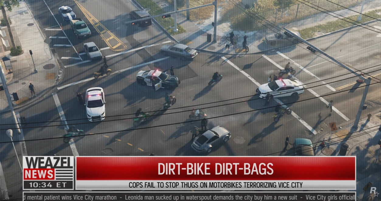 Screenshot of GTA 6 Trailer in which police cars have surrounded a road and trying to catch the bikers, there are other vehicles too. There's a text written: Dirt-Bikes Dirt-Bags, Cops Fail to Stop Thugs on Motorcycles.