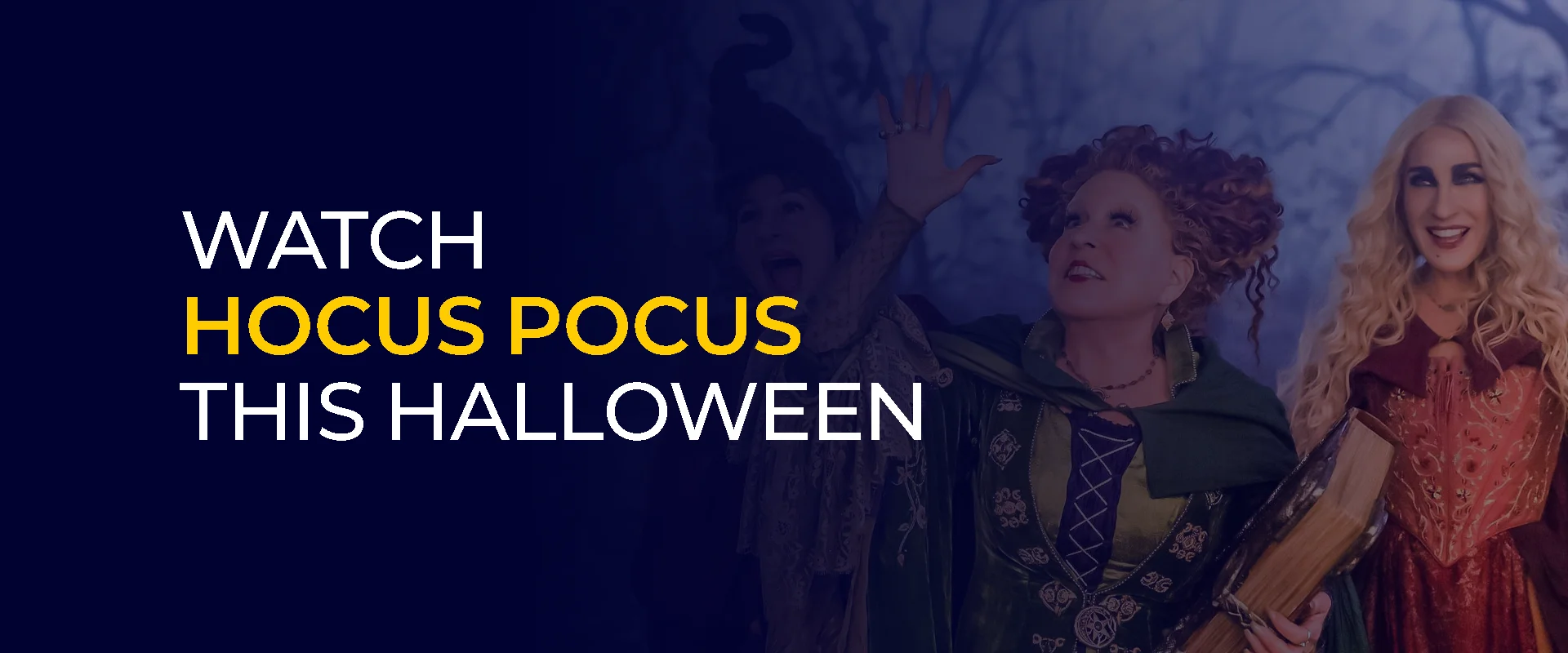 Three characters from a movie Hocus Pocus looks happy in the background and text written Watch Hocus Pocus This Halloween.