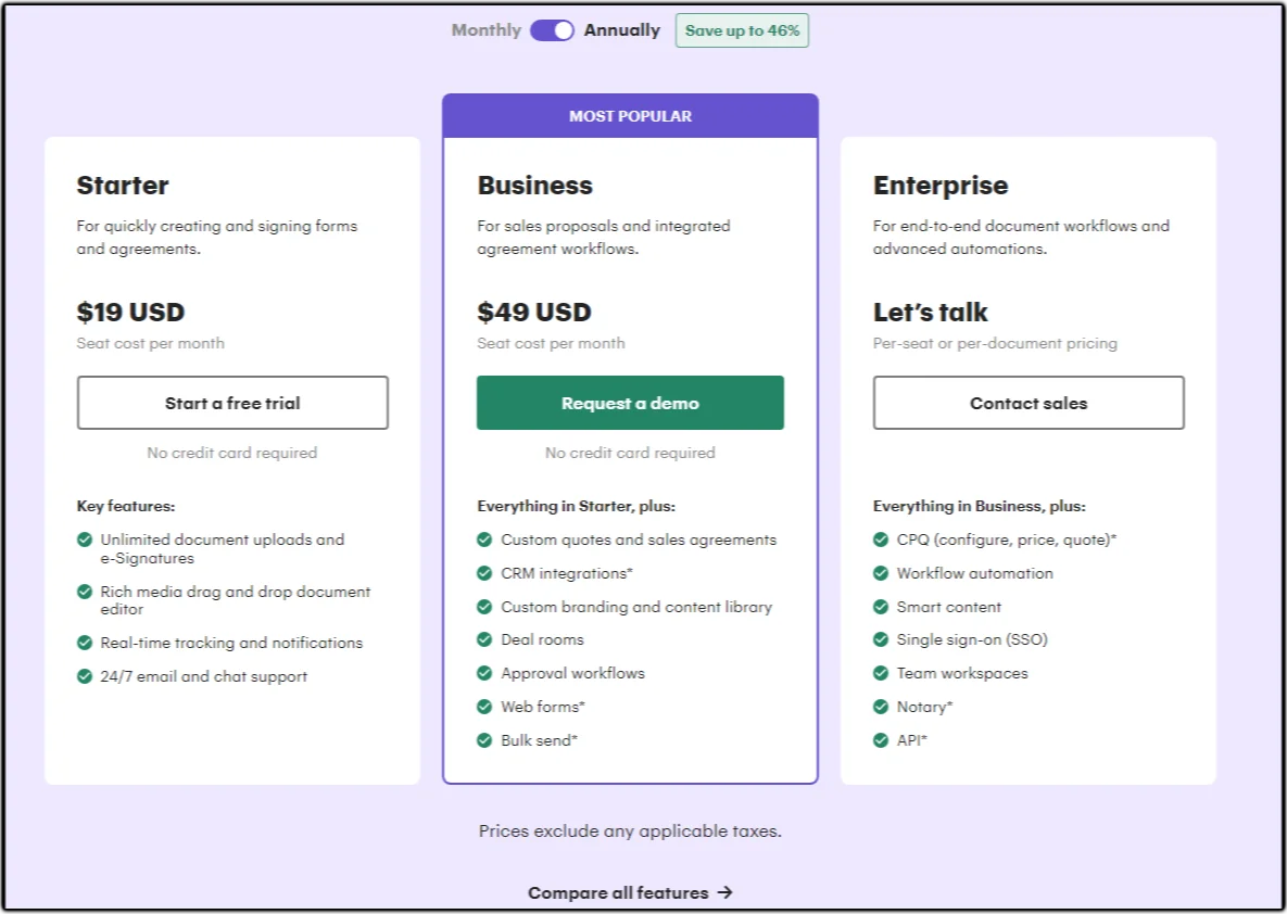 Pricing plan for PandaDoc