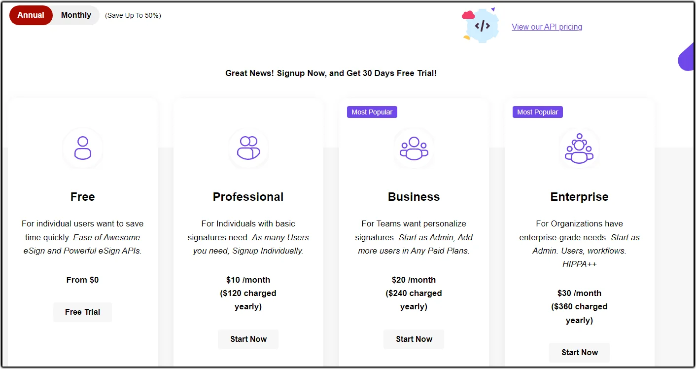 Pricing plan for Signaturley