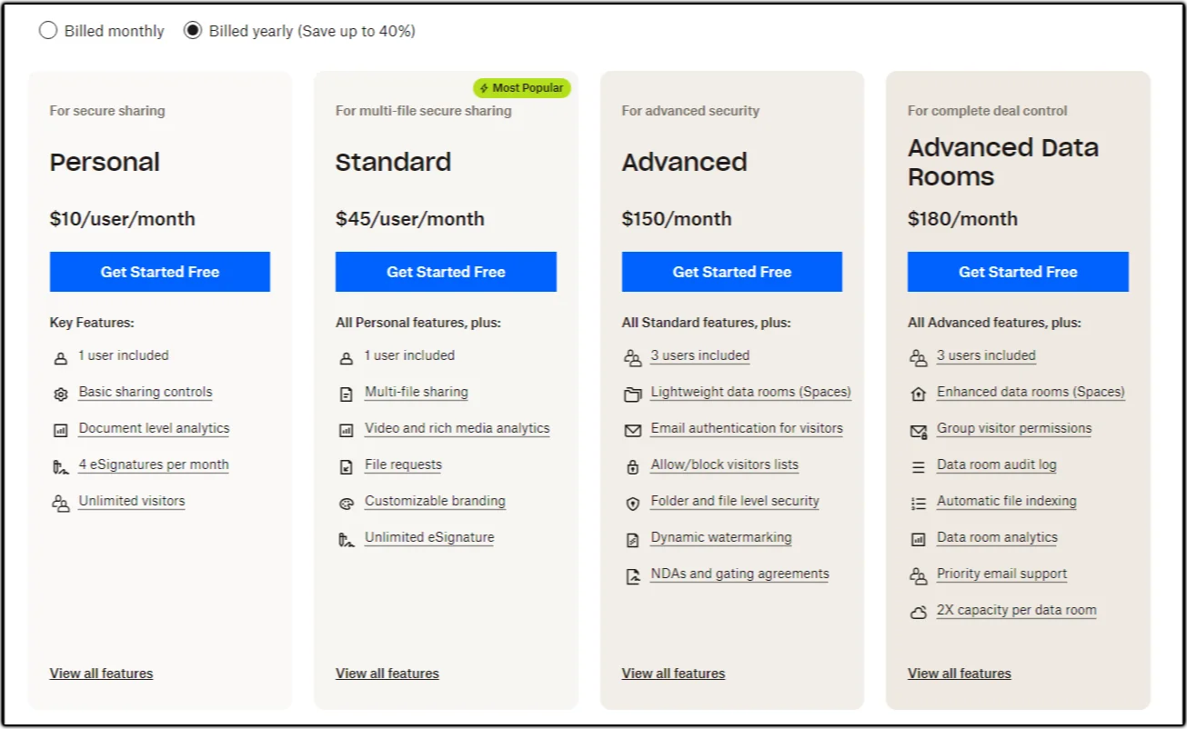 Pricing plan for DocSend