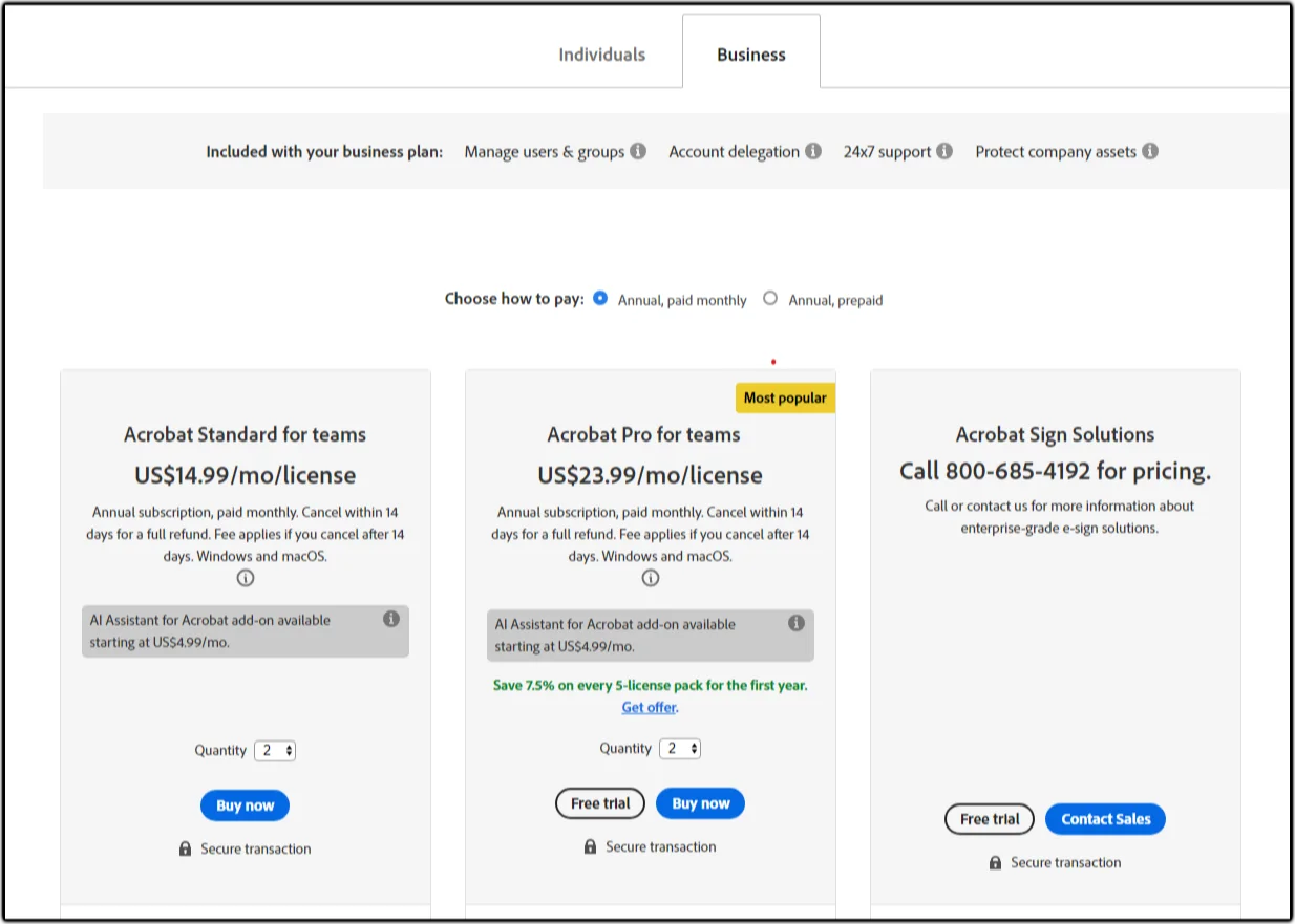 Pricing plan for Adobe Sign